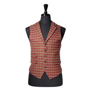 Mens Plaid Vest 40R Red Green Brown Waistcoat Christmas Holiday Party Preppy